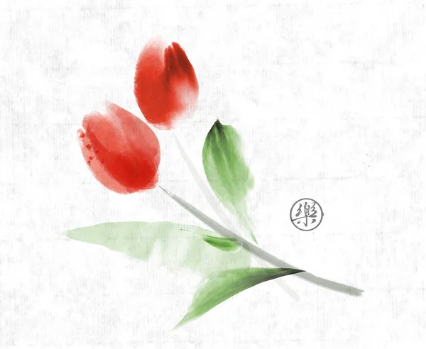 Red Tulips Minimalist Ink Painting Rice Paper Background Traditional Japanese — Stock Vector