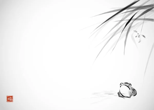 Kurbağa Çimlerin Üzerinde Oturuyor Geleneksel Oryantal Mürekkep Boyası Sumi Sin — Stok Vektör