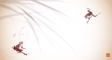 İki kurbağa ve çimen yaprakları klasik tarzda. Geleneksel oryantal mürekkep boyası sumi-e, u-sin, go-hua. Hiyeroglifin çevirisi - refah.