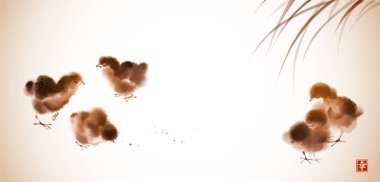 Küçük tüylü civcivler çimlerde. Geleneksel oryantal mürekkep boyası sumi-e, u-sin, go-hua. Hiyeroglif- mutluluk