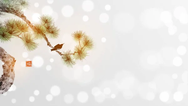 Petit Oiseau Pin Sur Fond Blanc Brillant Peinture Encre Orientale — Image vectorielle