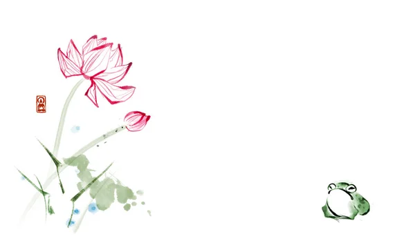 Žába Sedí Pod Lotosovými Květy Bílém Pozadí Tradiční Orientální Kresba — Stockový vektor