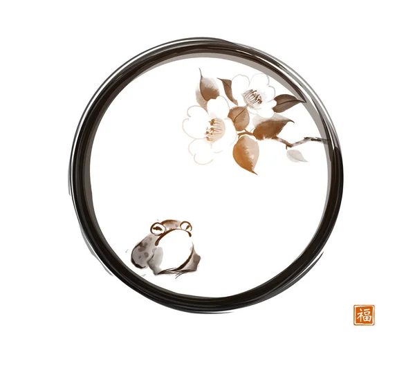 Petite Grenouille Fleurs Camélia Noir Enso Zen Cercle Sur Fond — Image vectorielle