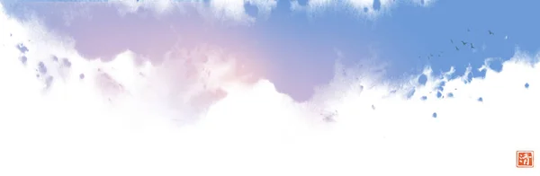 Pittura Paesaggistica Con Nuvole Bianche Nel Cielo Blu Tradizionale Pittura — Vettoriale Stock
