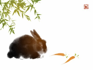 Yeşil bambu ağacının altında oturan küçük siyah tüylü tavşan. Geleneksel oryantal mürekkep boyası sumi-e, u-sin, go-hua. Hiyeroglifin çevirisi - tavşan.
