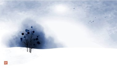 Karla kaplı arazide mavi ağaçla kaplı kış manzarası. Geleneksel oryantal mürekkep boyası sumi-e, u-sin, go-hua. Hiyeroglifin çevirisi - sessizlik.