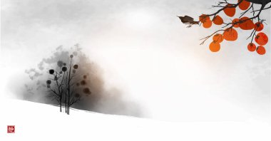 Karla kaplı tepe üzerinde ağaç ve portakal meyveli hurma dalında oturan kuş olan kış manzarası. Hiyeroglifin çevirisi - sessizlik