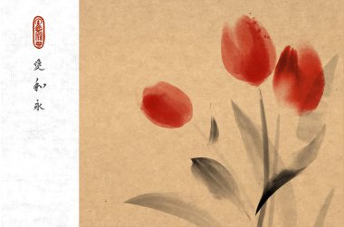 Kaliteli arka planda kırmızı lalelerin minimalist mürekkep boyası. Geleneksel oryantal mürekkep boyası sumi-e, u-sin, go-hua. Hiyerogliflerin çevirisi - aşk, uyum, sonsuzluk.