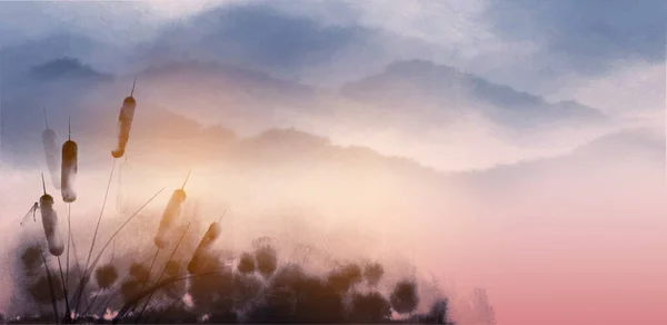 ピンクの日の出の背景にインクで描かれたカテールと葦の植物の手。伝統的な東洋の水墨画水絵・雨絵・呉華 — ストックベクタ