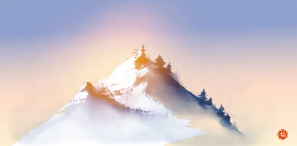 Pintura Tinta Con Pico Montaña Nevada Fondo Del Amanecer Tinta — Vector de stock