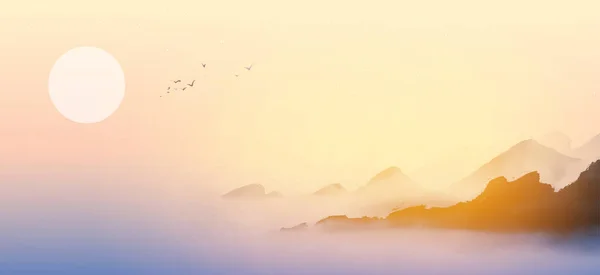 Güneşin Doğuşundaki Puslu Dağlar Geleneksel Oryantal Mürekkep Boyası Sumi Sin — Stok Vektör