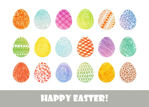 Set Bright Colored Doodle Easter Eggs White Background — Stock Vector
