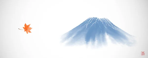 Sumi Schilderij Met Fujiyama Berg Esdoorn Blad Traditionele Oosterse Inkt — Stockvector
