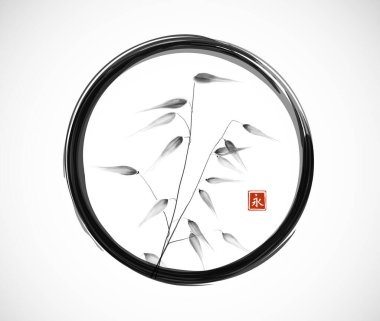 Beyaz arka planda siyah enso zen çemberli yabani çayır otları. Geleneksel oryantal mürekkep boyası sumi-e, u-sin, go-hua. Basit minimalist illüstrasyon. Hiyeroglifin çevirisi - sonsuzluk.