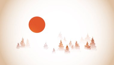 Vintage tarzında köknar ağaçları olan sisli dağlar. Geleneksel Japon mürekkep boyası sumi-e