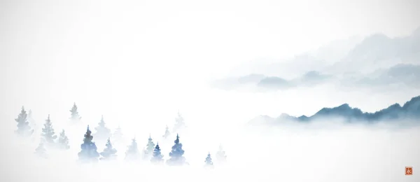 Landscape Blue Misty Forest Mountains Traditional Oriental Ink Painting Sumi — Stock Photo, Image