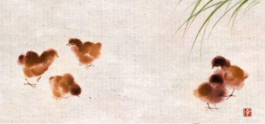 (Yeşil çimenlerde oynayan küçük piliç kuşları. Geleneksel oryantal mürekkep boyası sumi-e, u-sin, go-hua. Hiyeroglif- mutluluk