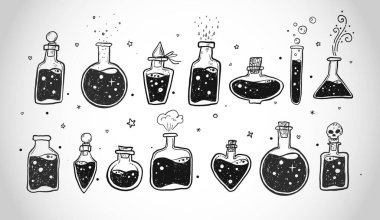 Doodles with pharmaceutical flasks, beakers and test tubes. Sketches of chemical laboratory objects with magic potion on white background. Vector illustration
