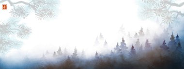 Sisli orman dağları manzarası. Geleneksel oryantal mürekkep boyası sumi-e, u-sin, go-hua. Hiyeroglif- sonsuzluk.