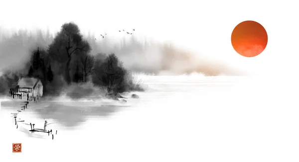 Landscape Fisherman Misty Riverside Big Red Sun Traditional Oriental Ink — Vector de stock