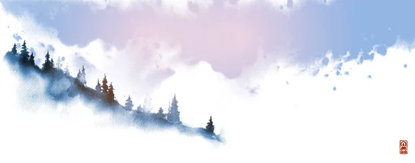 Paisaje Con Ladera Montaña Con Pinos Nubes Blancas Cielo Tinta — Vector de stock