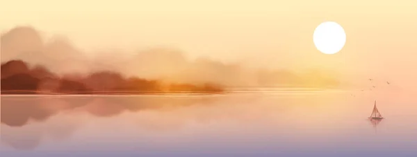 Oro Misty Paisaje Costero Con Pequeño Barco Pesca Tinta Oriental — Archivo Imágenes Vectoriales