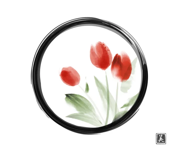 Minimalist Ink Painting Red Tulips Enso Zen Circle White Background — Vector de stock