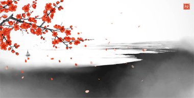 Sakura çiçeği ve sakin deniz. Geleneksel oryantal mürekkep boyası sumi-e, u-sin, go-hua. Hiyeroglifin çevirisi - çiçek.