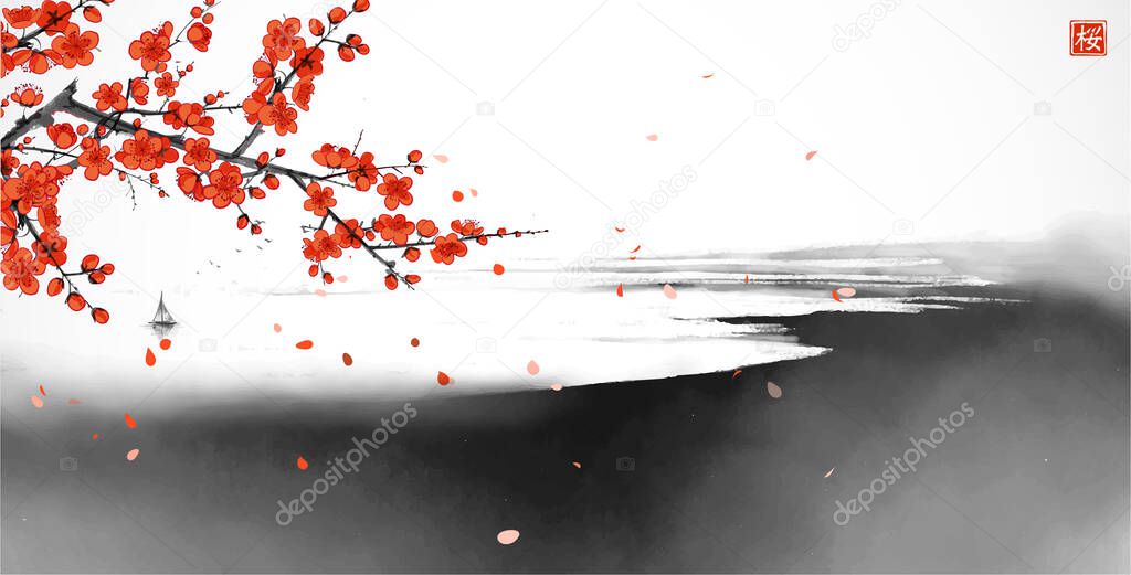 Blossoming sakura and calm sea. Traditional oriental ink painting sumi-e, u-sin, go-hua. Translation of hieroglyph - blossom.