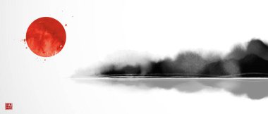 Büyük kırmızı güneş ve suya yansıyan orman ağaçlarıyla dolu sisli bir adanın mürekkep tablosu. Geleneksel oryantal mürekkep boyası sumi-e, u-sin, go-hua. Basit ve temiz minimalist stil. Hiyeroglif- berraklık