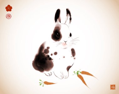 Kaliteli küçük tüylü tavşanın mürekkep boyası. Geleneksel oryantal mürekkep boyası sumi-e, u-sin, go-hua. Hiyerogliflerin tercümesi - neşe, refah.