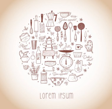 Karalama mutfak gereçleri ile şablon tasarım ve eski usul metinleriniz için yer