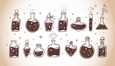 Antika ilaç şişeleri, deney tüpleri ve deney tüpleriyle karalamalar. Sihirli iksirli kimyasal laboratuvar objelerinin çizimleri. Vektör illüstrasyonu