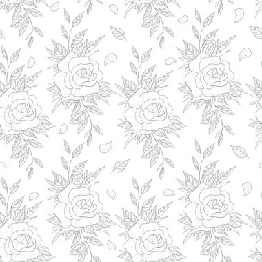 Arka planda beyaz üzerine çizilmiş gül çiçekleri var. Duvar kağıdı, şablon dolguları, tekstil, web sayfası arka planı, yüzey dokuları için kullanılabilir