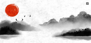 Büyük kırmızı güneş ve sisli ormanla kaplı bir manzara. Geleneksel oryantal mürekkep boyası sumi-e, u-sin, go-hua. Hiyeroglifin çevirisi - zen.