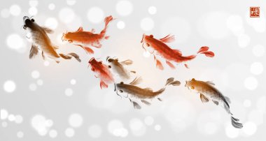 Beyaz parlak arka planda sazan sürüsü. Geleneksel oryantal mürekkep boyası sumi-e, u-sin, go-hua. İyi talihin, başarının ve refahın sembolü. Hiyeroglifin çevirisi - refah.