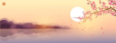 Altın sisli kıyı manzarası. Rüzgarda sakura çiçeği var. Geleneksel oryantal mürekkep boyası sumi-e, u-sin, go-hua. Hiyeroglifin çevirisi - neşe.