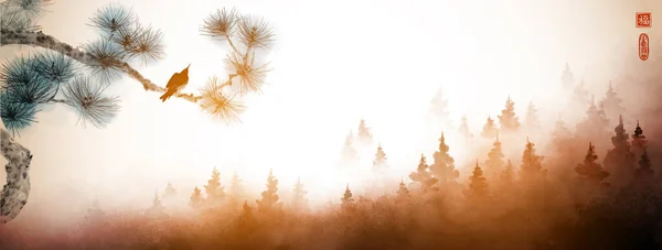 Herfst Landschap Met Vogel Dennenboom Tak Mistige Bos Bergen Traditionele — Stockvector