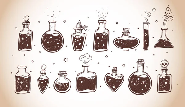 Doodles Pharmaceutical Flasks Beakers Test Tubes Vintage Style Sketches Chemical — Stock Vector