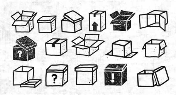 Conjunto Cajas Cartón Doodle Sobre Fondo Papel Viejo Dibujo Vectorial — Vector de stock