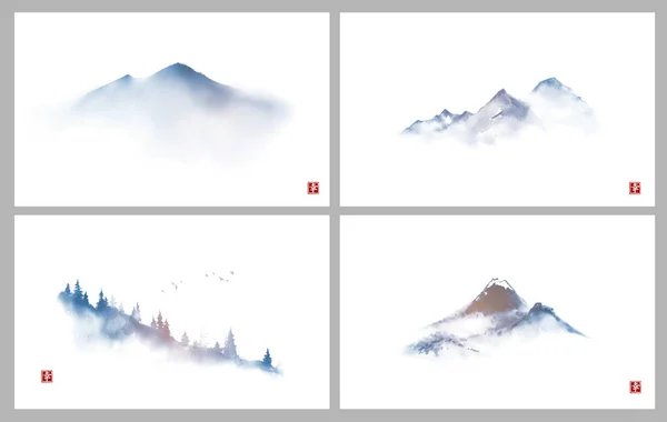 Conjunto Montañas Azules Dibujadas Mano Con Tinta Estilo Sumi Tradicional — Vector de stock