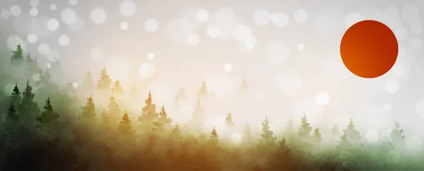 Туманный Лесной Ландшафт Гор Большим Красным Солнцем Белом Перчаточном Фоне — стоковый вектор