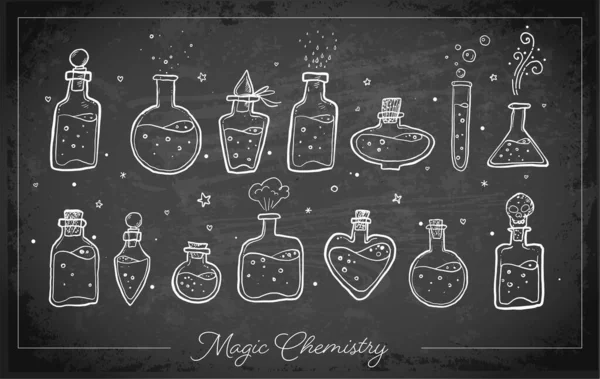 Doodles Pharmaceutical Flasks Beakers Test Tubes Blackboard Background Sketches Chemical — ストックベクタ