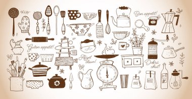 Big set of kitchen doodle sketch utensils in vintage style. Cups, teapots, pots. bottles. chopping boards ets. Inscription Bon appetit in different languages.