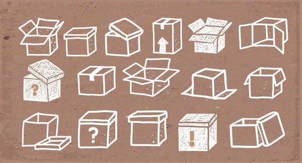Set Doodle Cardboard Boxes Brown Parcel Paper Background Vector Sketch — Stok Vektör