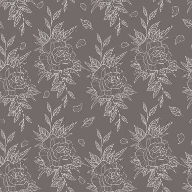 Zarif asil kahverengi arka planda el çizimi gül çiçekleri. Duvar kağıdı, şablon dolguları, tekstil, web sayfası arka planı, yüzey dokuları için kullanılabilir