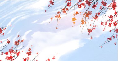 Japanese sakura blossom on blue sky background. Traditional oriental ink painting sumi-e, u-sin, go-hua