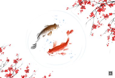 Two koi caps and sakura blossom. Traditional oriental ink painting sumi-e, u-sin, go-hua. Translation of hieroglyph - eternity.