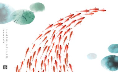 Ink painting with big school of little red fishes. Traditional oriental ink painting sumi-e, u-sin, go-hua. Hieroglyph - double luck