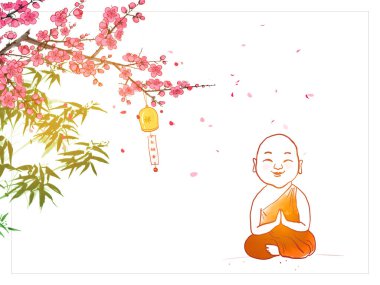 Meditating buddhist monk in orange robe, blooming sakura tree and bamboo. Hieroglyphs - eternity, freedom, happiness